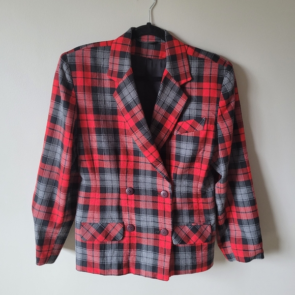 1980s red black plaid double breasted blazer - Picture 7 of 12